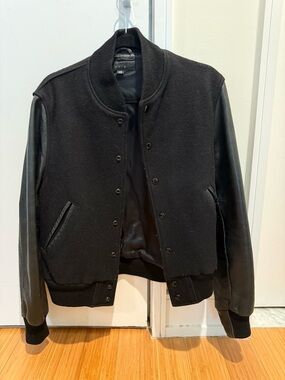 Black Bomber Varsity Jacket with Leather Sleeves - Unbranded